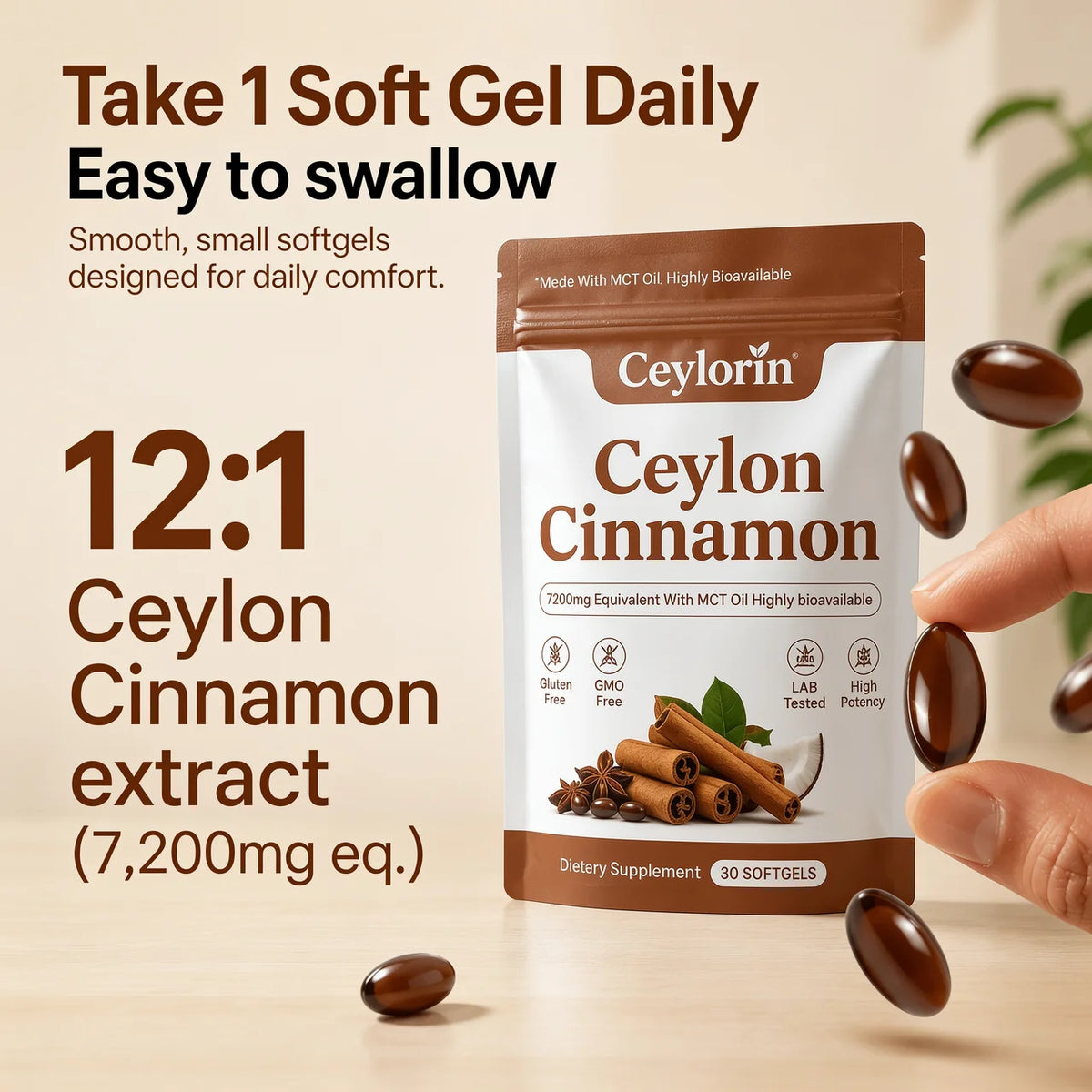 Ceylon Cinnamon 7200mg Equivalent with MCT Oil